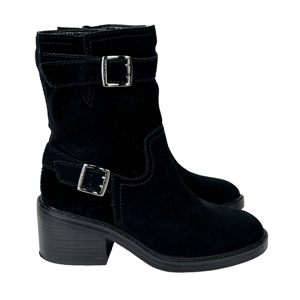 Vince Camuto Vergila Moto Biker Leather Boots Buckled Suede Black Booties 8 Shoe